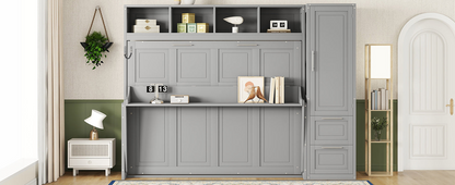Queen size Murphy wall bed with built-in closet and drawers, modern space-saving wall bed unit by Start2Finish