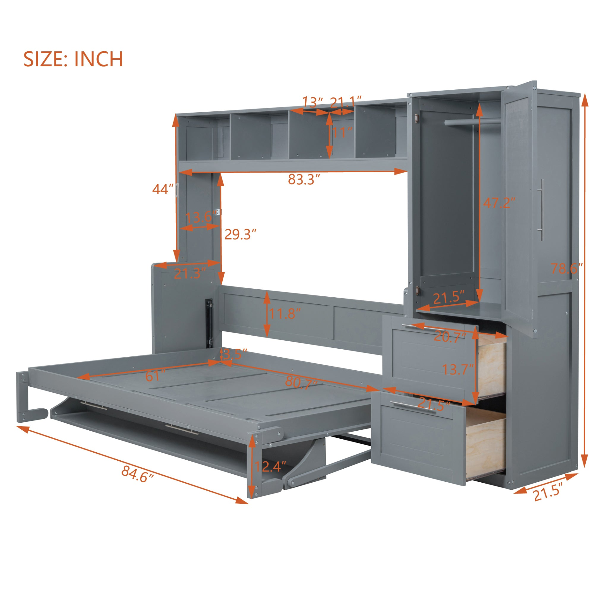 Queen size Murphy wall bed with built-in closet and drawers, modern space-saving design by Start2Finish.