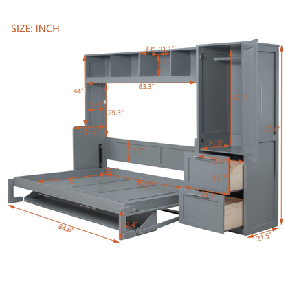 Queen size Murphy wall bed with built-in closet and drawers, modern space-saving design by Start2Finish.