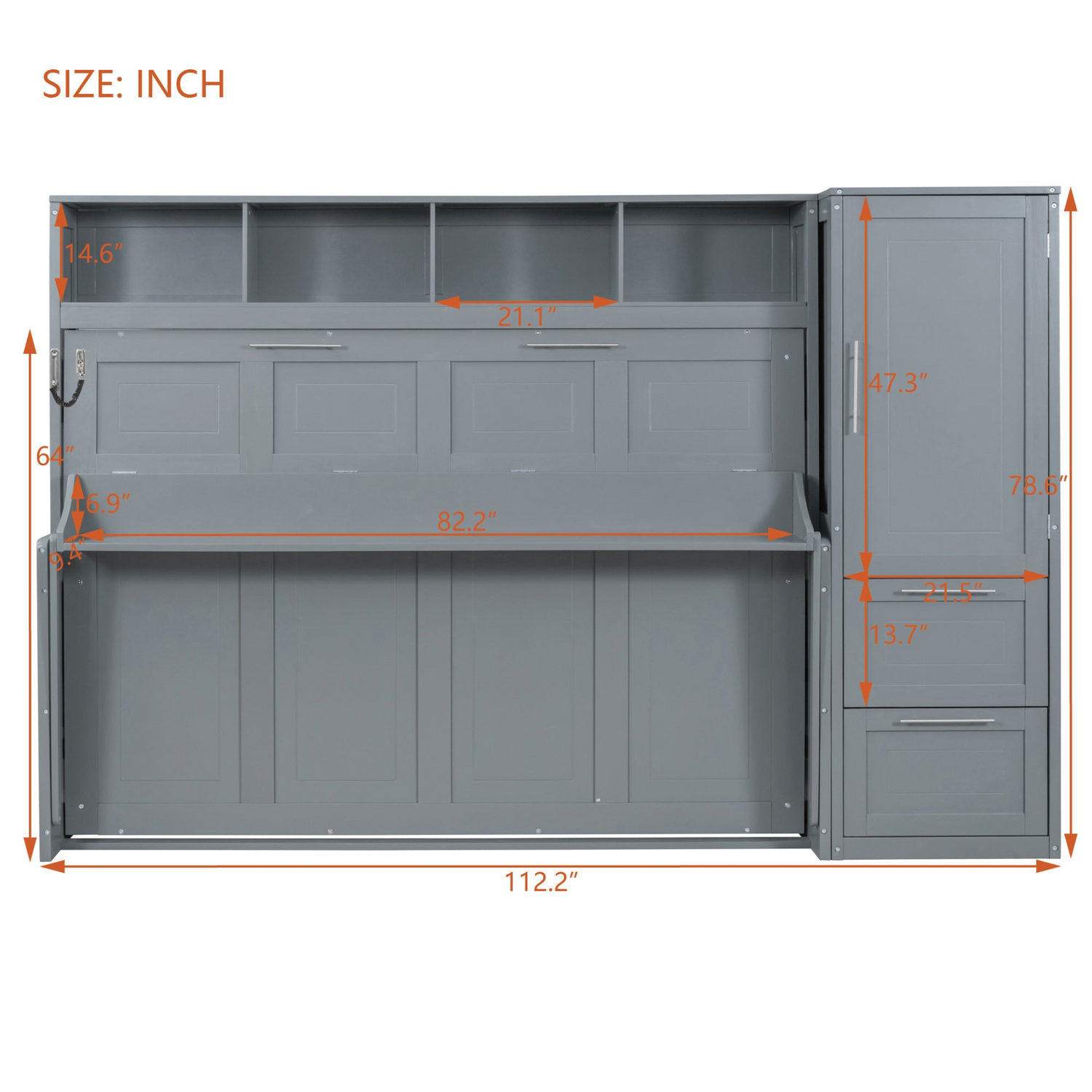 Queen size Murphy bed from Start2Finish with wall-mounted design, closet, and drawers in a modern, space-saving bedroom setup.