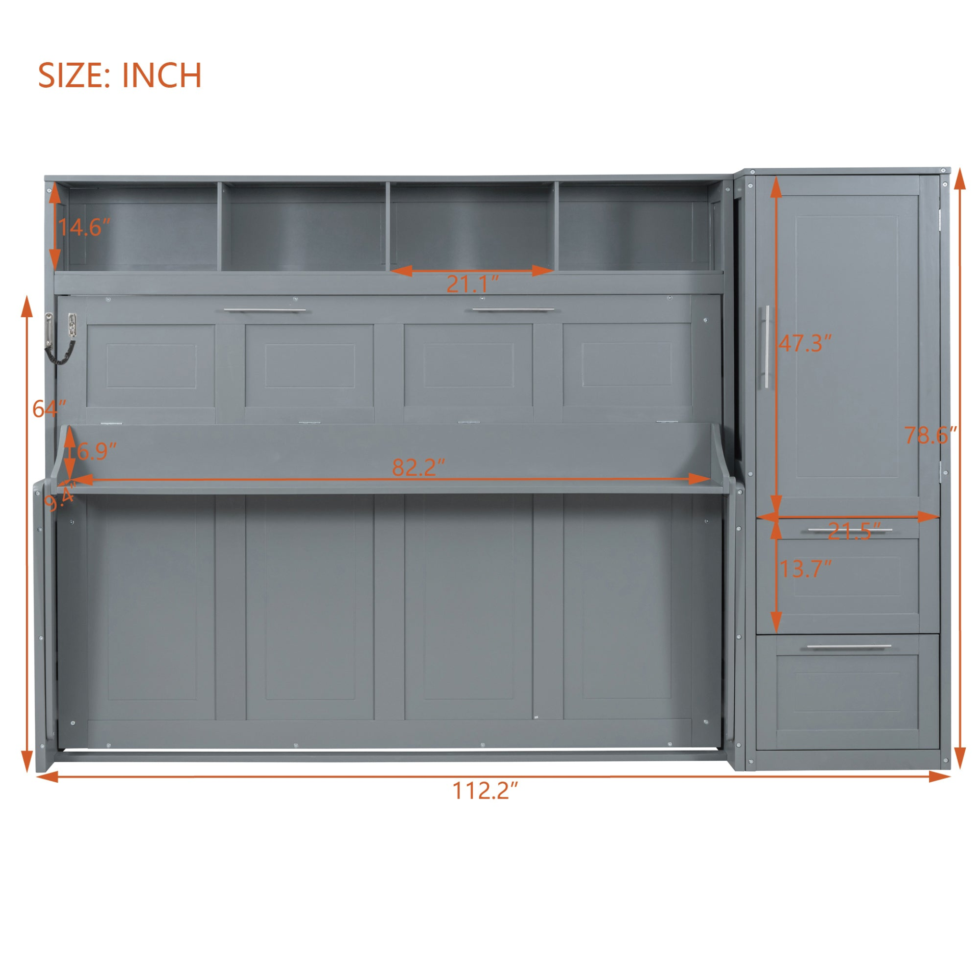 Queen size Murphy bed from Start2Finish with wall-mounted design, closet, and drawers in a modern, space-saving bedroom setup.