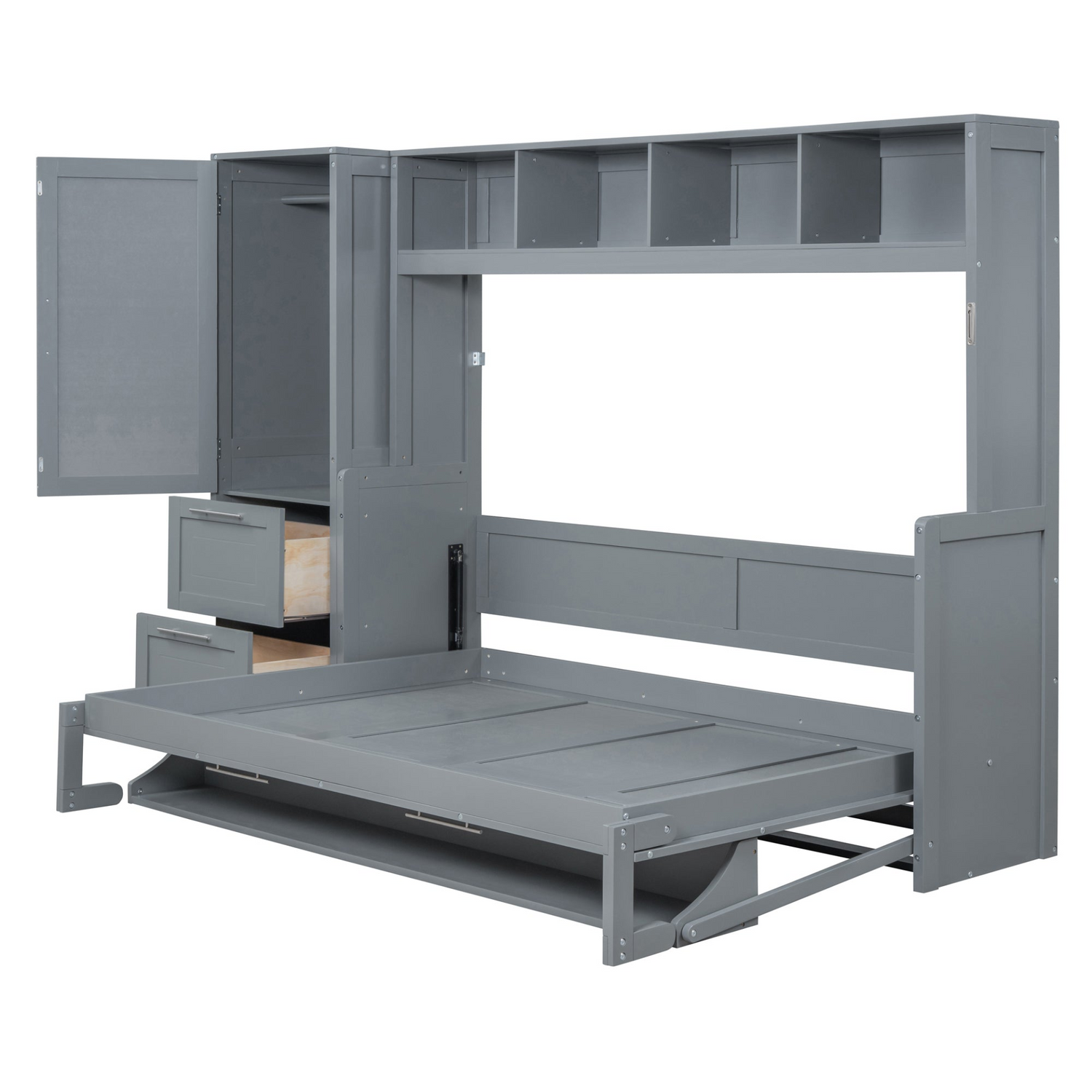 Queen size Murphy wall bed with built-in closet and drawers, modern space-saving design by Start2Finish in a stylish bedroom.