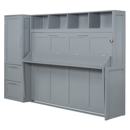 Queen size Murphy bed from Start2Finish with wall-mounted design, closet, and drawers for modern space-saving bedroom solutions.