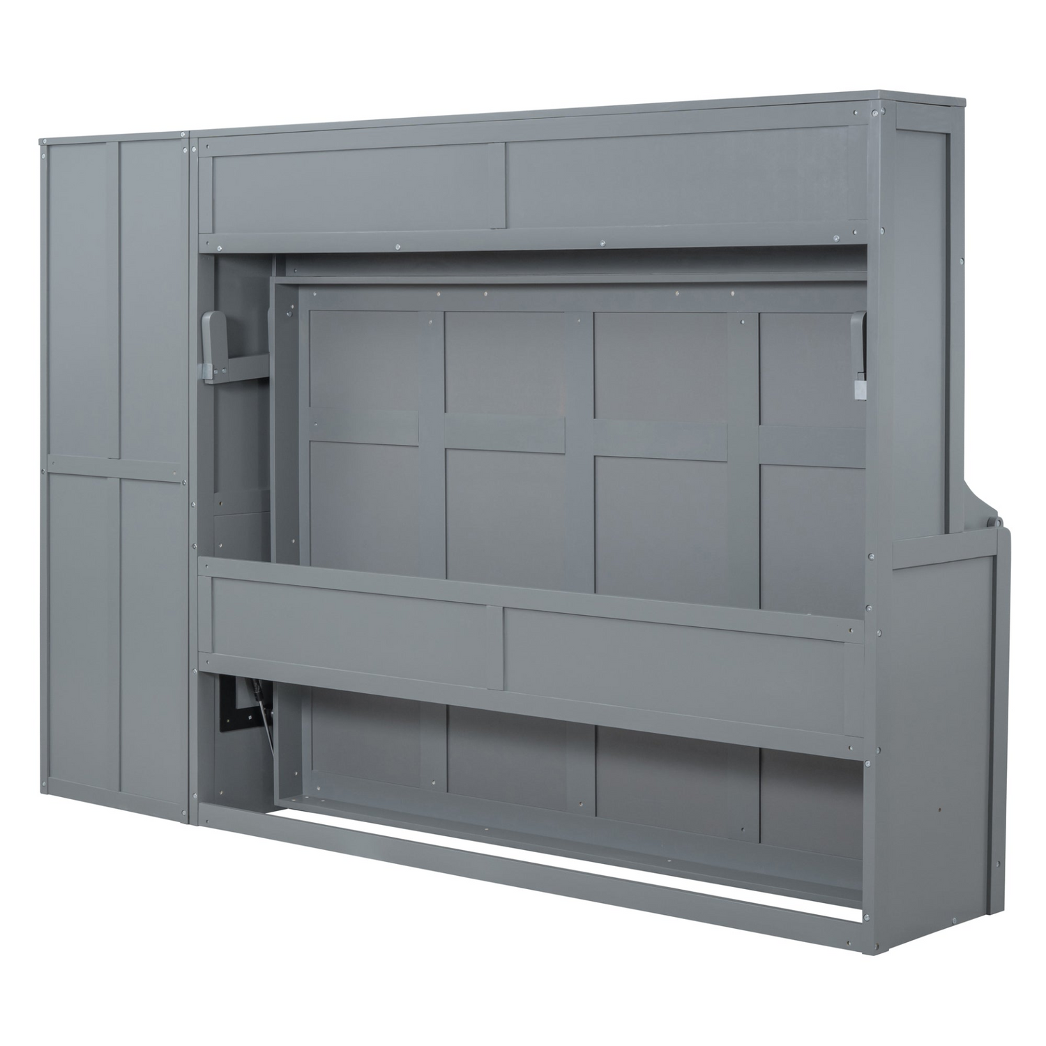 Queen size Murphy bed from Start2Finish with wall-mounted design, closet, and drawers in a modern, space-saving bedroom setup.