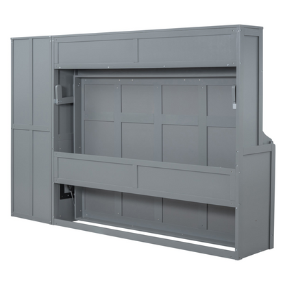 Queen size Murphy bed from Start2Finish with wall-mounted design, closet, and drawers in a modern, space-saving bedroom setup.