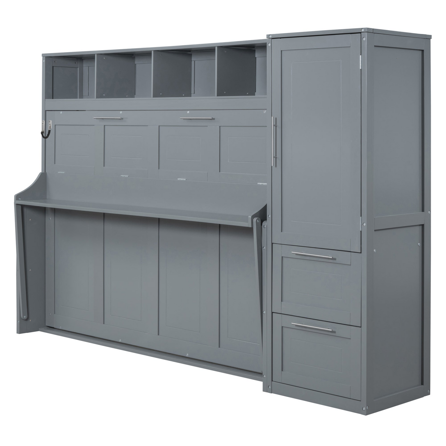 Queen size Murphy wall bed with built-in closet and drawers, modern space-saving furniture by Start2Finish.