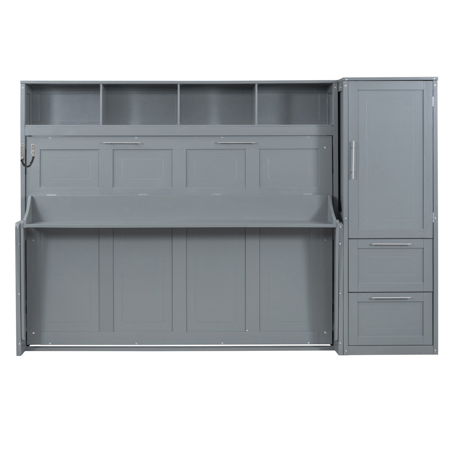 Queen size Murphy wall bed with built-in closet and drawers, modern space-saving furniture by Start2Finish