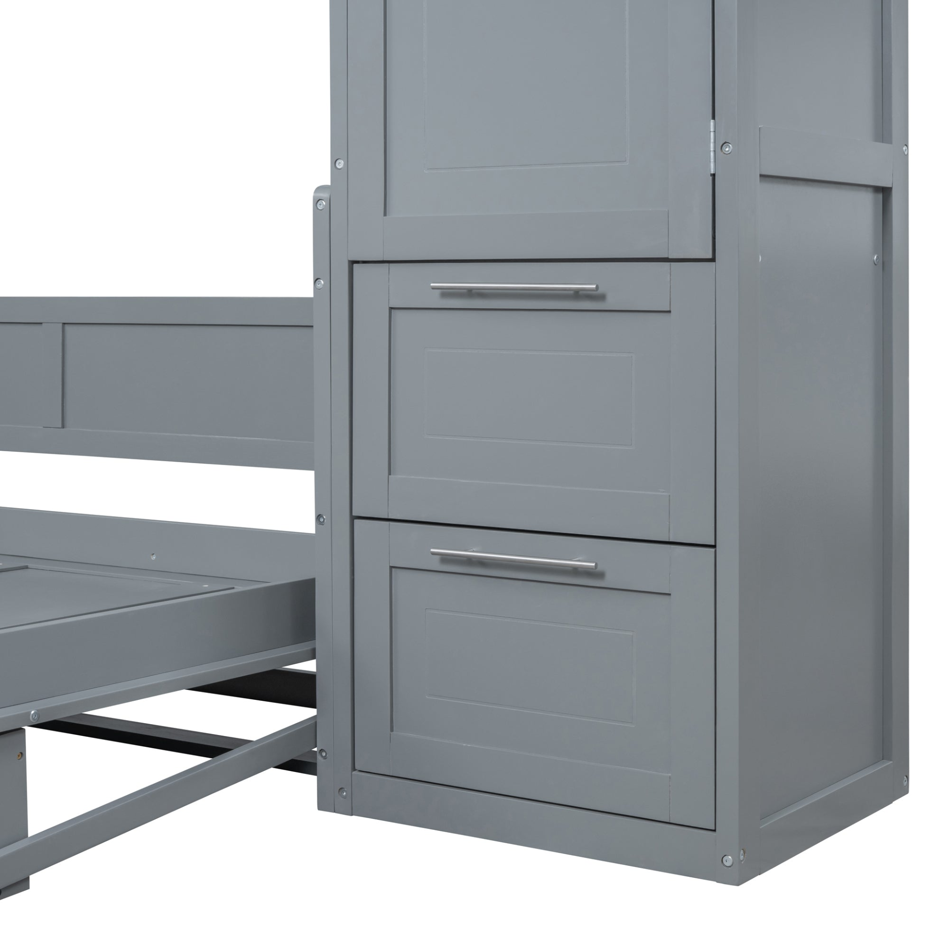 Queen size Murphy wall bed with closet and drawers, modern space-saving unit in a contemporary bedroom setting