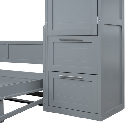 Queen size Murphy wall bed with closet and drawers, modern space-saving unit in a contemporary bedroom setting