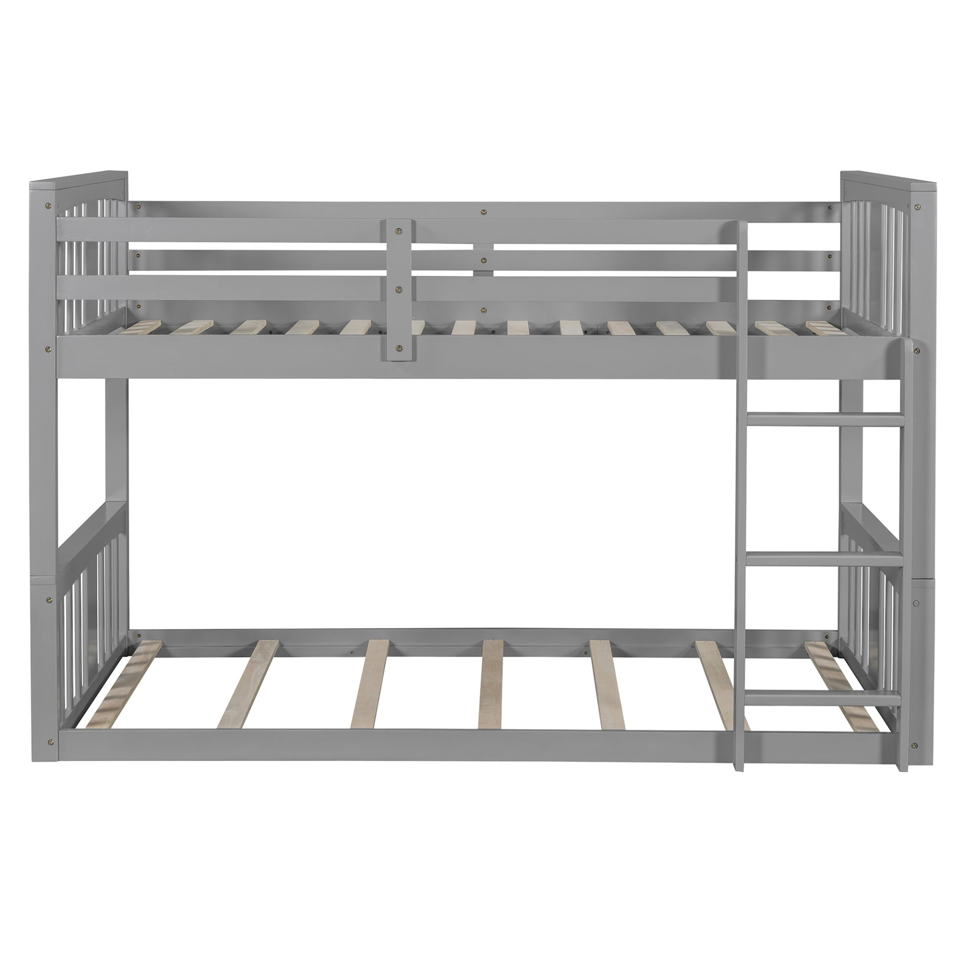 Start2Finish twin over twin bunk bed with ladder, modern space-saving design, durable wood construction in a bedroom setting.