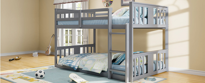 Start2Finish twin over twin bunk bed with ladder, modern space-saving design, sturdy wood construction, shown in a bedroom setting.