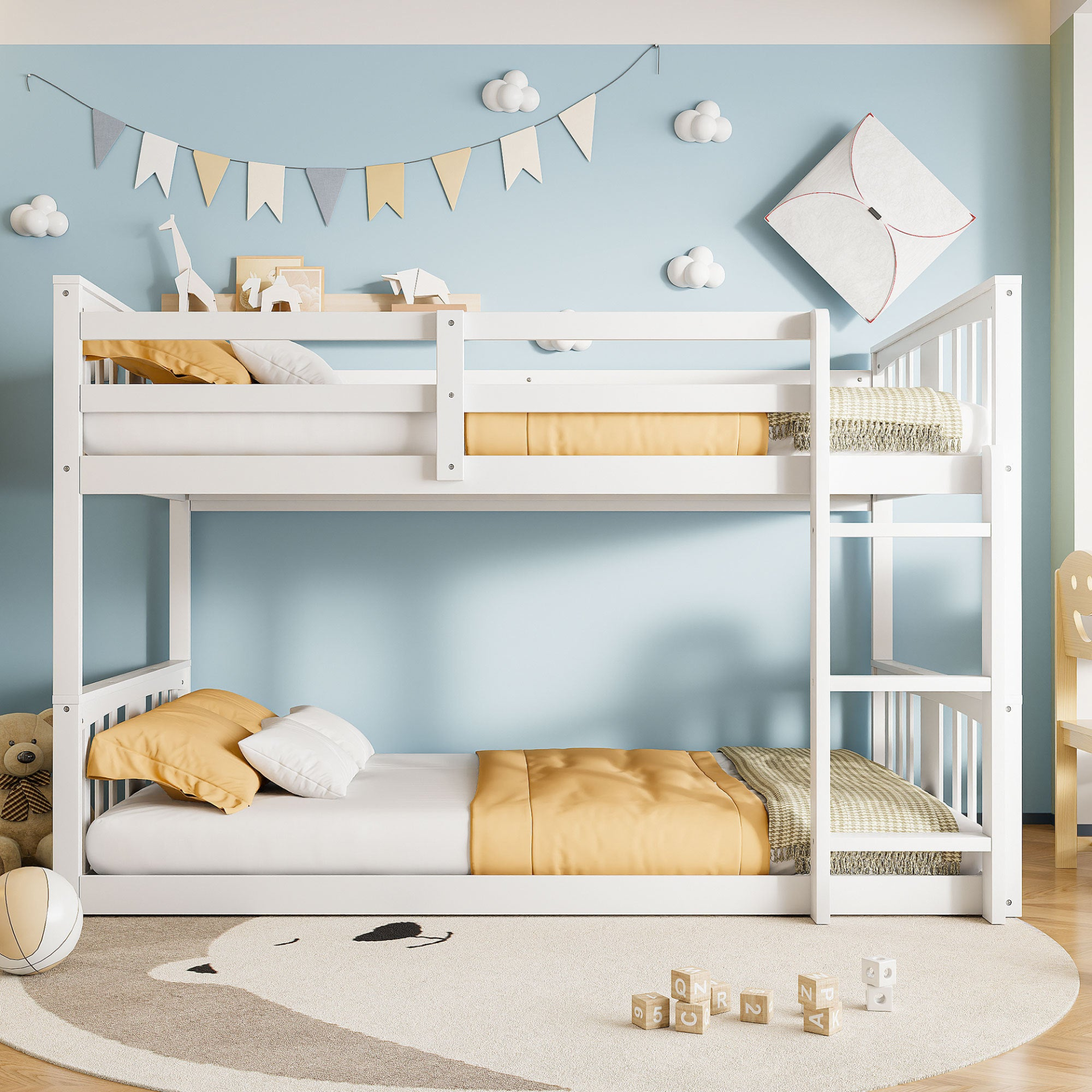 Start2Finish twin over twin bunk bed with ladder, modern space-saving design, durable wood construction, shown in a bright bedroom setting.