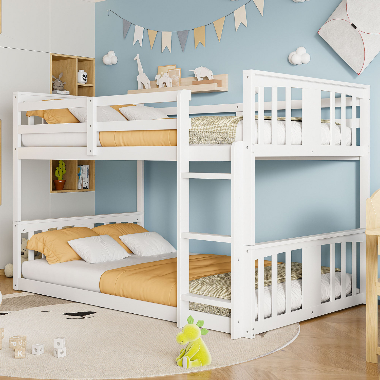 Start2Finish twin over twin bunk bed with ladder, space-saving modern design and durable construction, shown in a contemporary bedroom setting.
