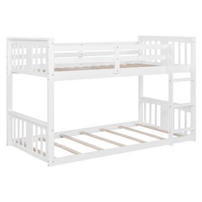 Start2Finish twin over twin bunk bed with ladder, space-saving modern furniture with durable construction, shown in a bedroom setting.