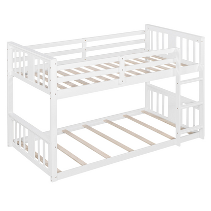 Start2Finish twin over twin bunk bed with ladder, modern space-saving furniture in durable construction, shown in a bedroom setting.