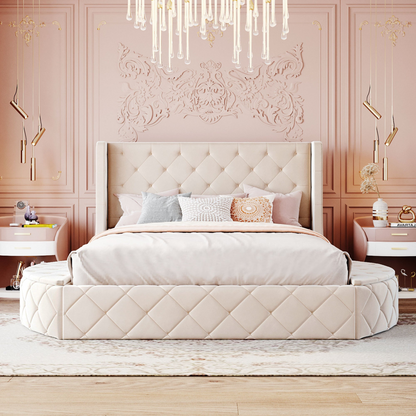Start2Finish upholstered velvet platform bed with wingback headboard, storage drawers, and matching side stools in a bedroom scene.