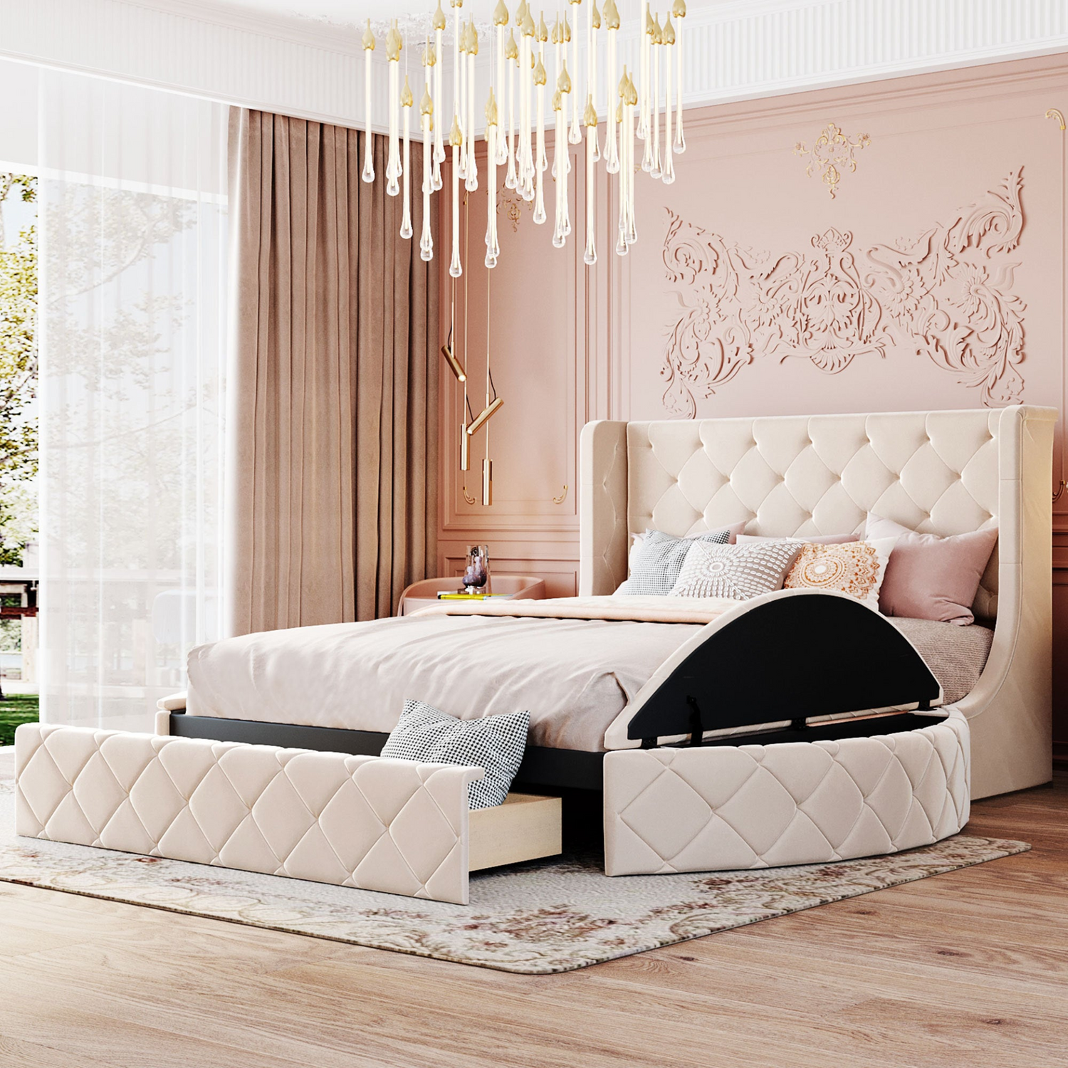 Velvet upholstered platform bed with wingback headboard, storage drawers, and side stools, by Start2Finish furniture.