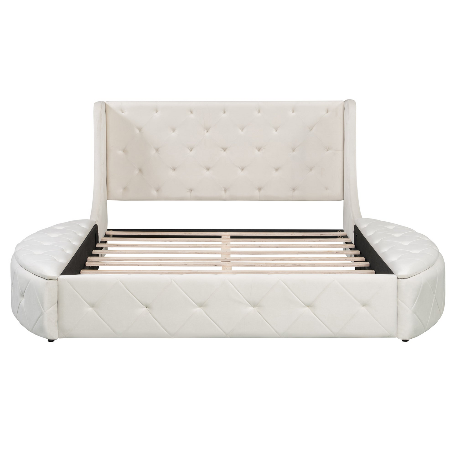 Start2Finish upholstered velvet platform bed with wingback headboard, storage drawer, and side stools in a stylish bedroom setting.