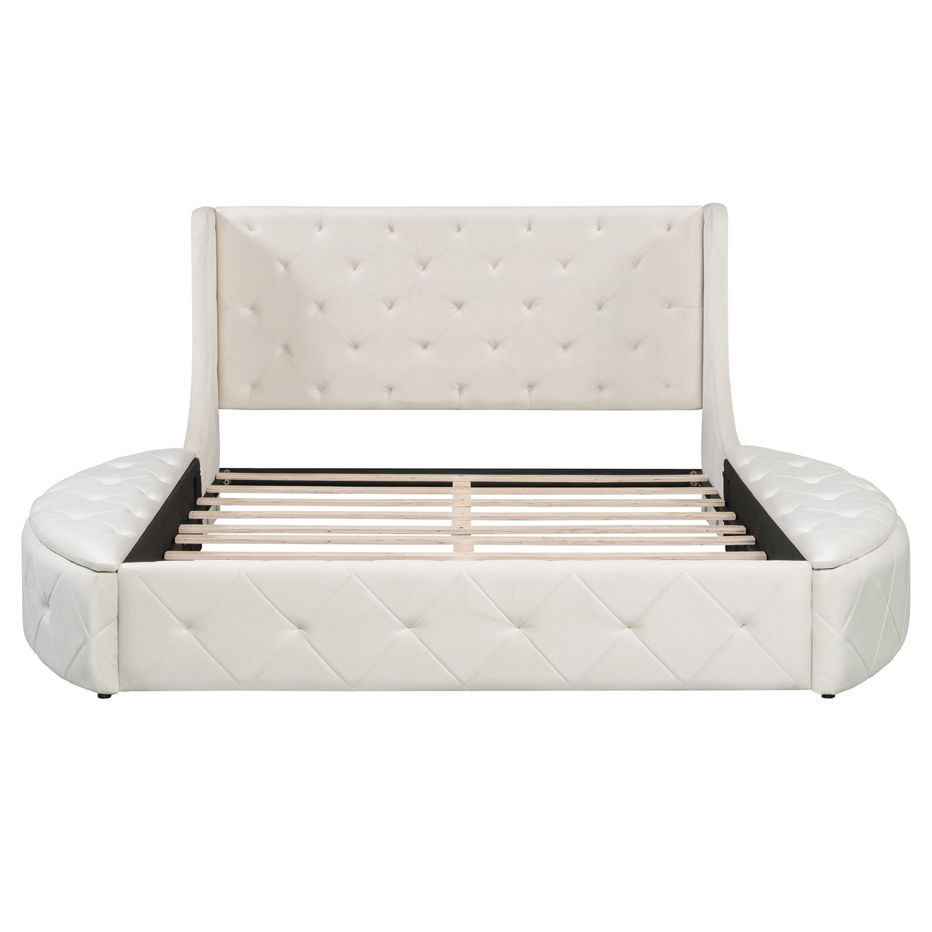 Start2Finish upholstered velvet platform bed with wingback headboard, storage drawer, and side stools in a stylish bedroom setting.