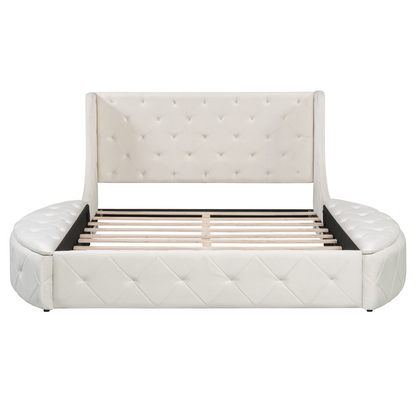 Start2Finish upholstered velvet platform bed with wingback headboard, storage drawer, and side stools in a stylish bedroom setting.