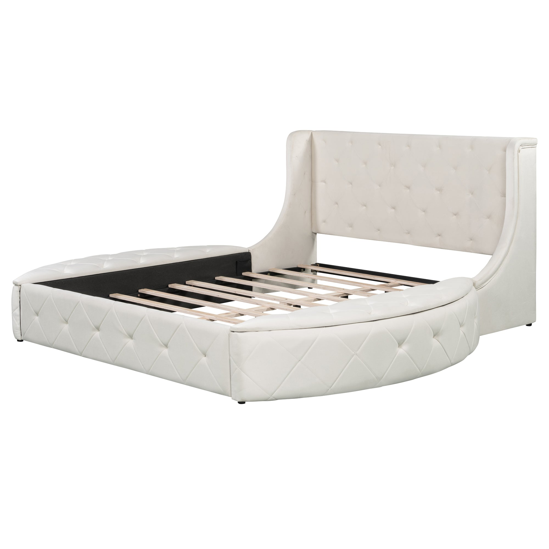 Start2Finish upholstered velvet platform bed with wingback headboard, storage drawer, and side stools in a modern bedroom setting.