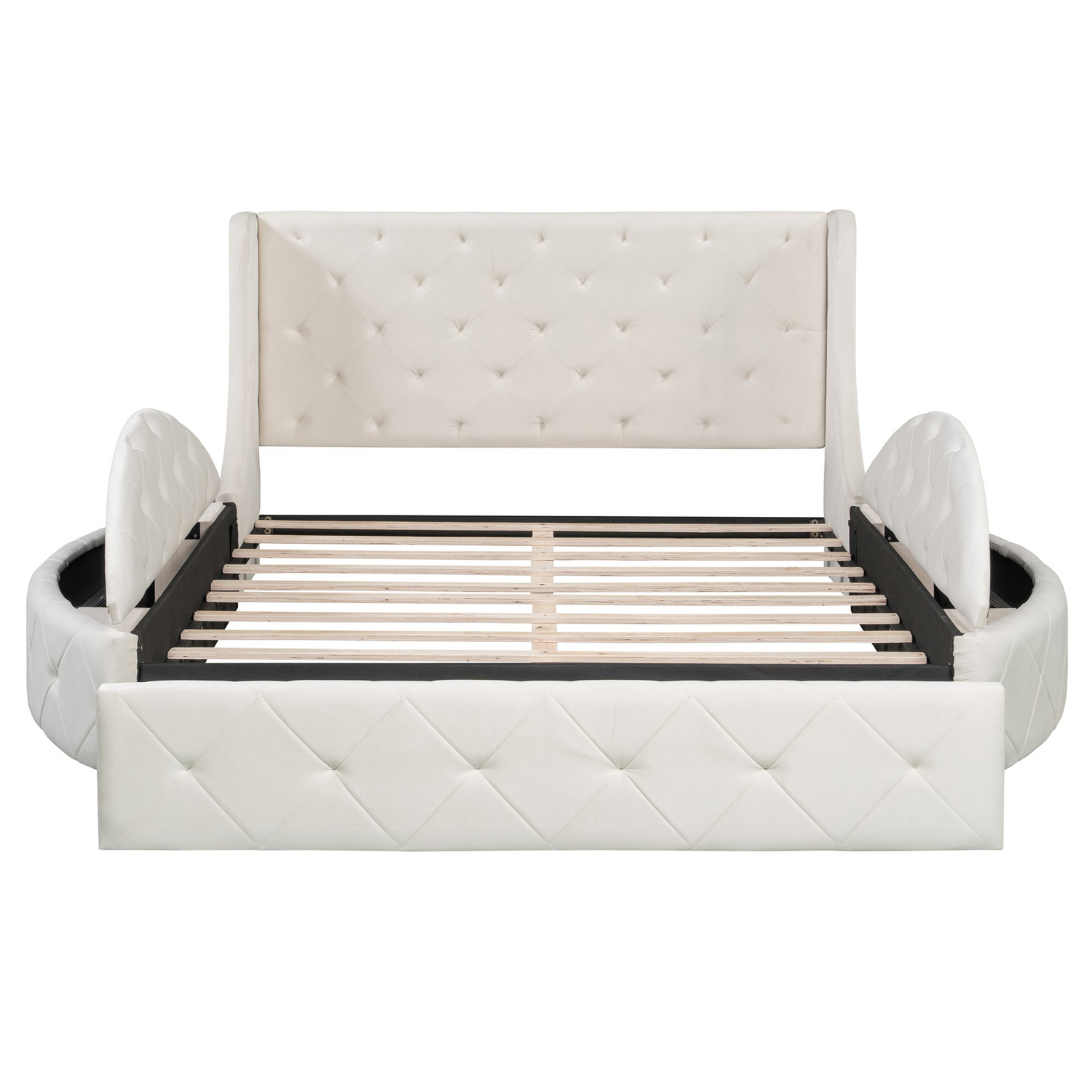 Start2Finish upholstered velvet platform bed with wingback headboard, storage drawers, and side stools in a bedroom setting.