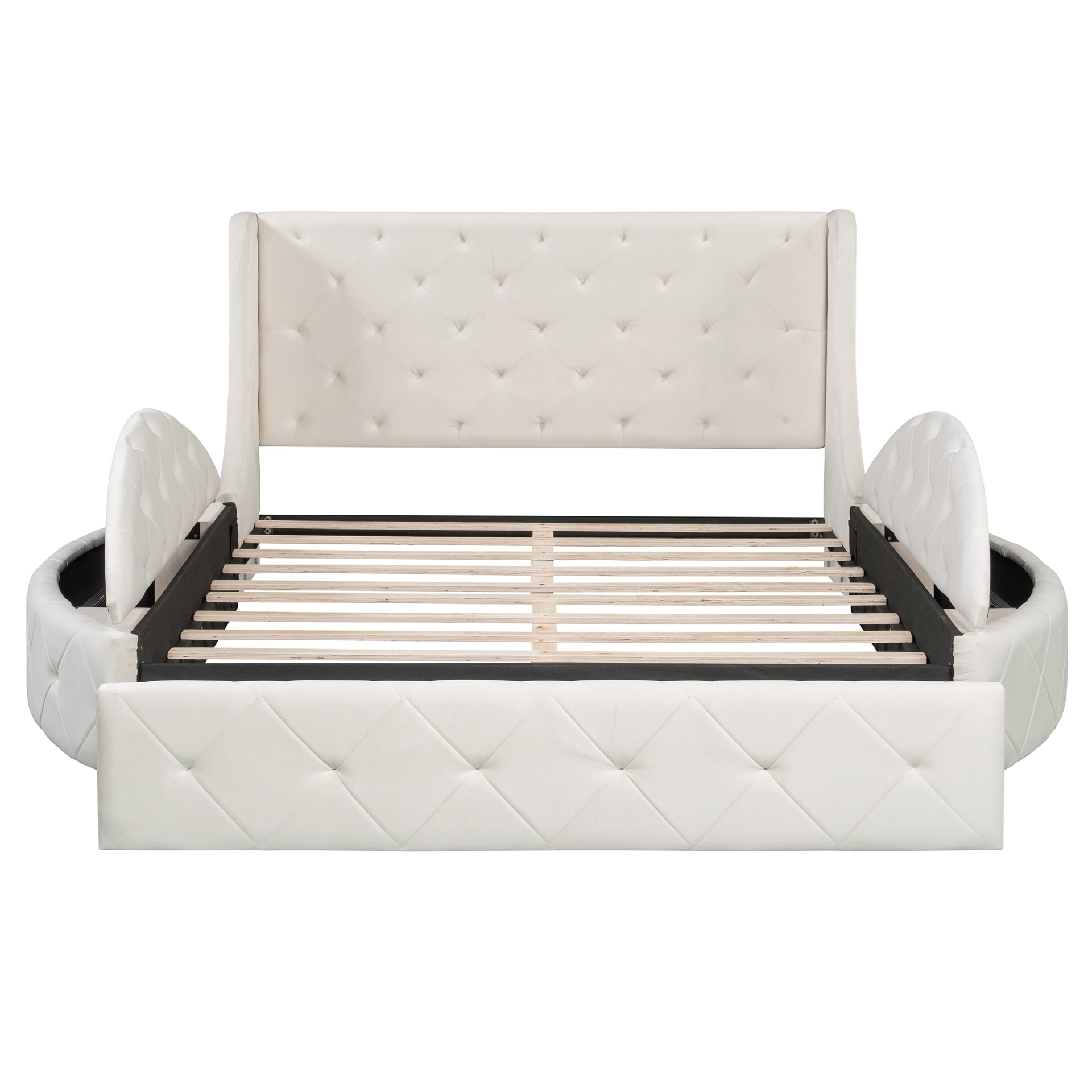 Start2Finish upholstered velvet platform bed with wingback headboard, storage drawers, and side stools in a bedroom setting.