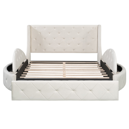 Start2Finish upholstered velvet platform bed with wingback headboard, storage drawers, and side stools in a bedroom setting.