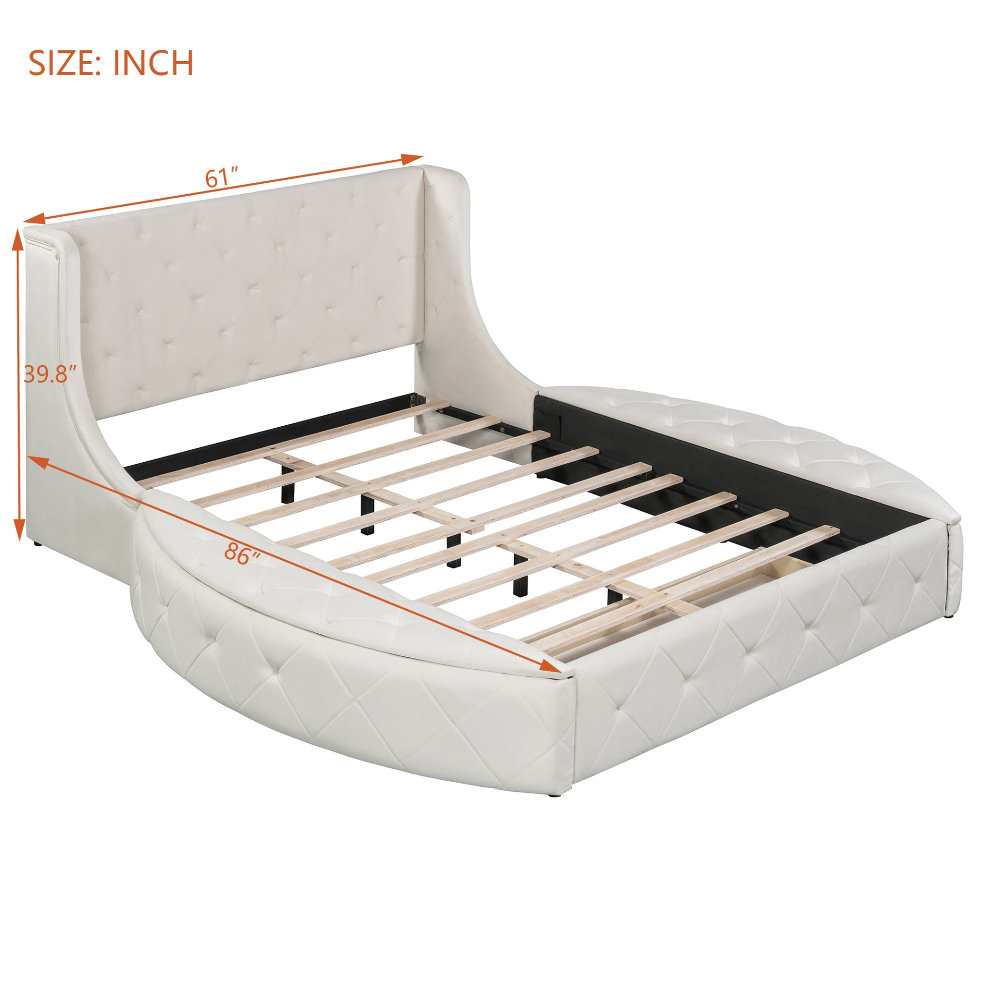 Start2Finish upholstered velvet platform bed with wingback headboard, storage drawer, and side stools in a stylish bedroom setting.