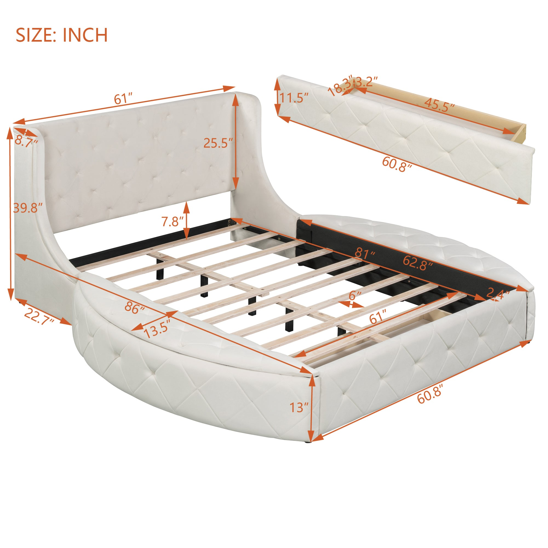 Start2Finish upholstered velvet platform bed with wingback headboard, storage drawer, and side stools in a stylish bedroom setup.
