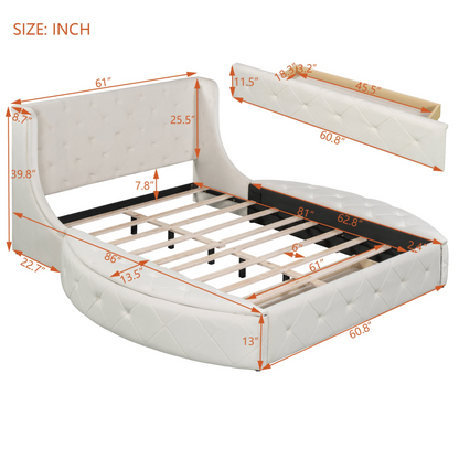 Start2Finish upholstered velvet platform bed with wingback headboard, storage drawer, and side stools in a stylish bedroom setup.