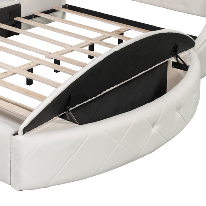 Start2Finish upholstered velvet platform bed with wingback headboard, storage drawer, and side stools in a stylish bedroom setting.