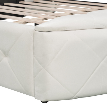 Start2Finish upholstered velvet platform bed with wingback headboard, storage drawers, and side stools in a modern bedroom setting.