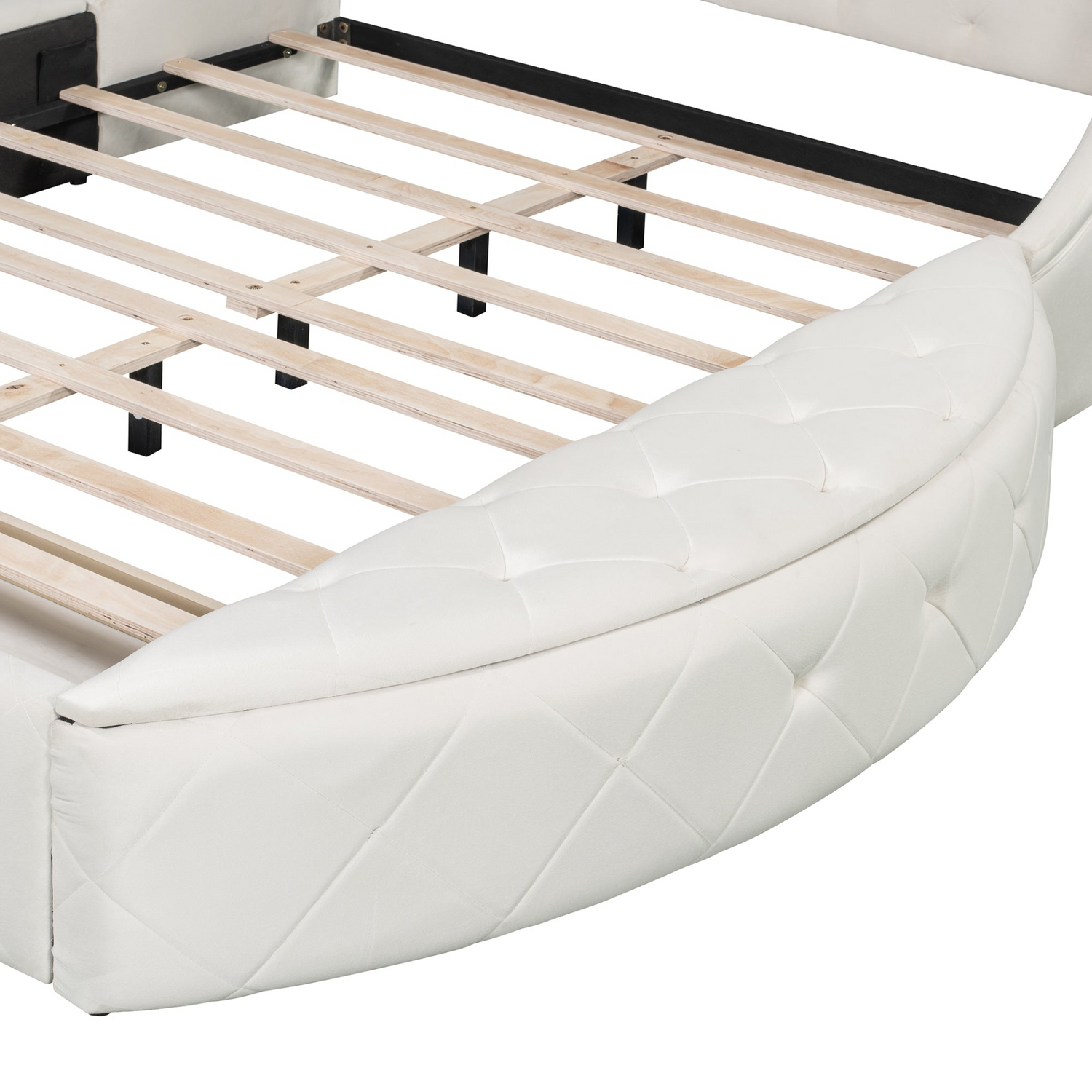 Start2Finish upholstered velvet platform bed with wingback headboard, storage drawer, and side stools in a stylish bedroom setting.