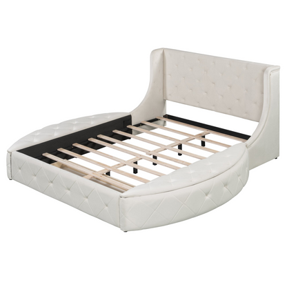 Start2Finish upholstered velvet platform bed with wingback headboard, storage drawer, and side stools in a modern bedroom setting.