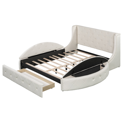 Start2Finish upholstered velvet platform bed with wingback headboard, storage drawers, and side stools in a modern bedroom setting.