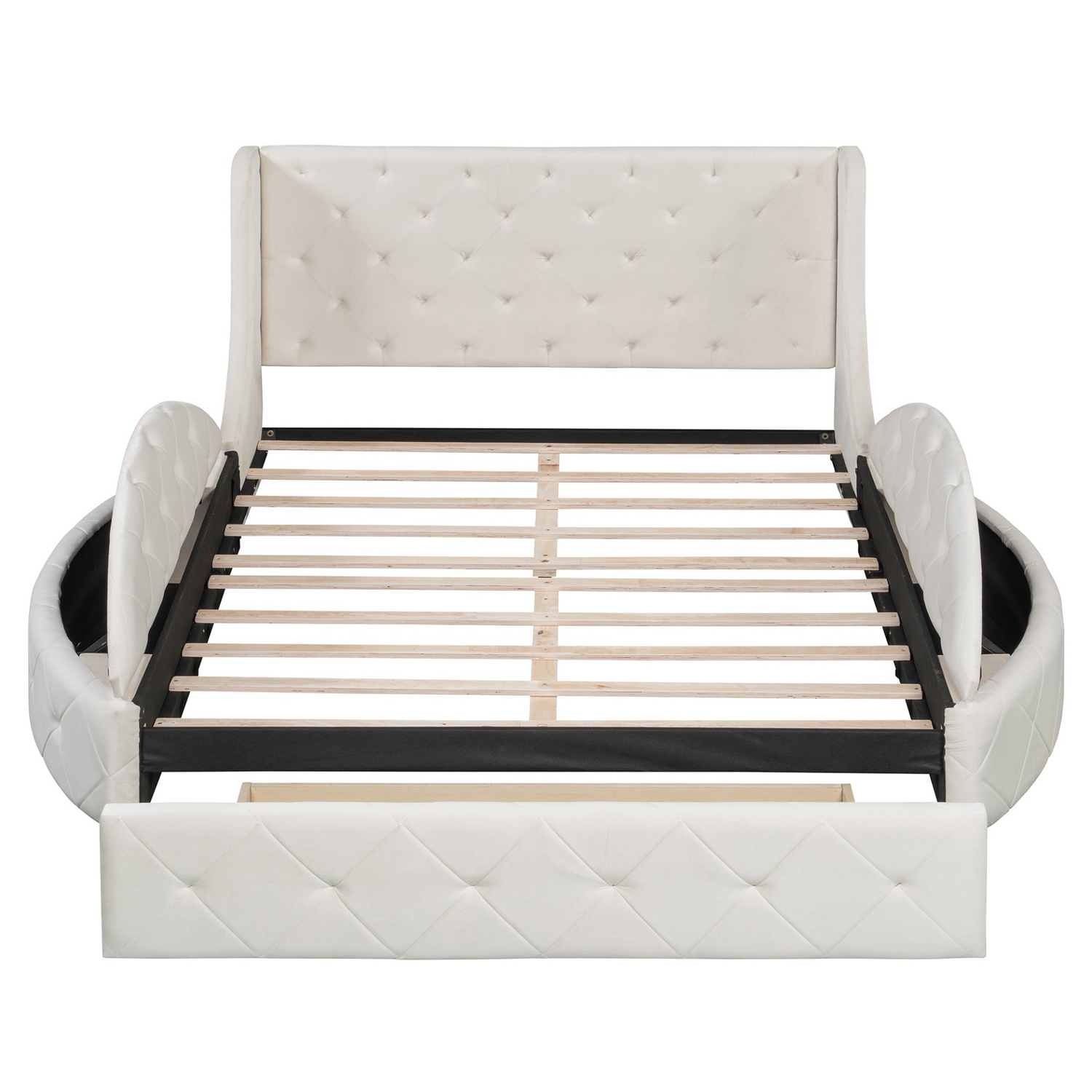 Start2Finish upholstered velvet platform bed with wingback headboard, built-in storage drawers, and side stools in a modern bedroom setting.
