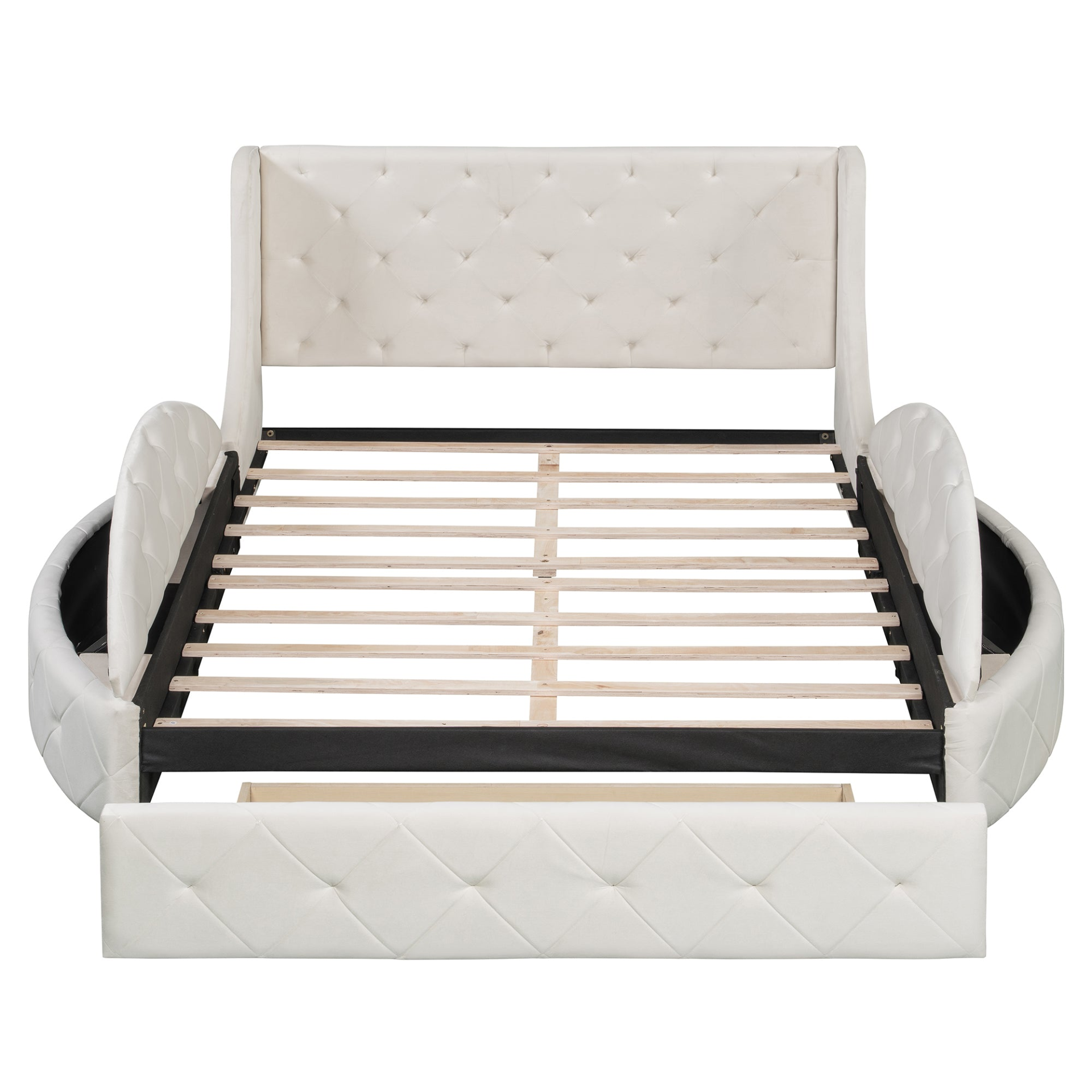 Start2Finish upholstered velvet platform bed with wingback headboard, built-in storage drawers, and side stools in a modern bedroom setting.