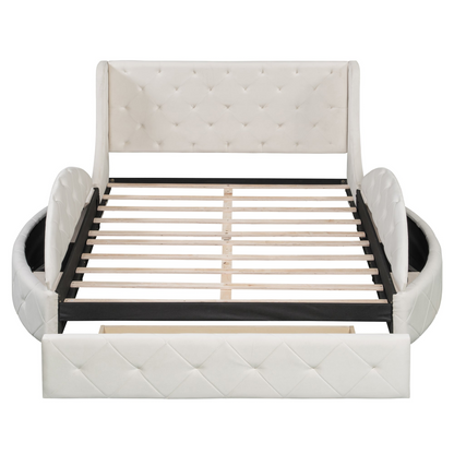 Start2Finish upholstered velvet platform bed with wingback headboard, built-in storage drawers, and side stools in a modern bedroom setting.