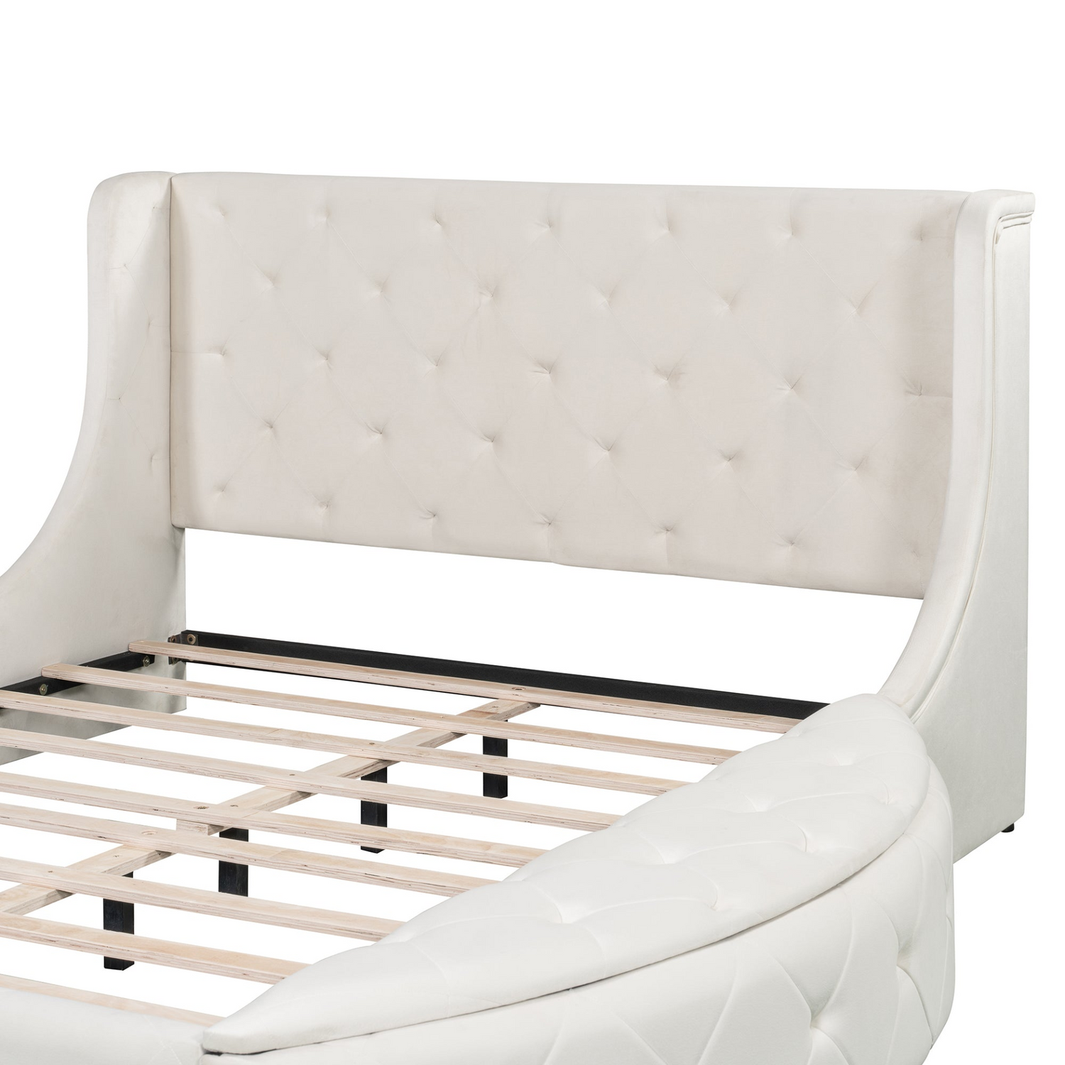 Start2Finish upholstered velvet platform bed with wingback headboard, built-in storage drawer, and side stools in a modern bedroom setting.
