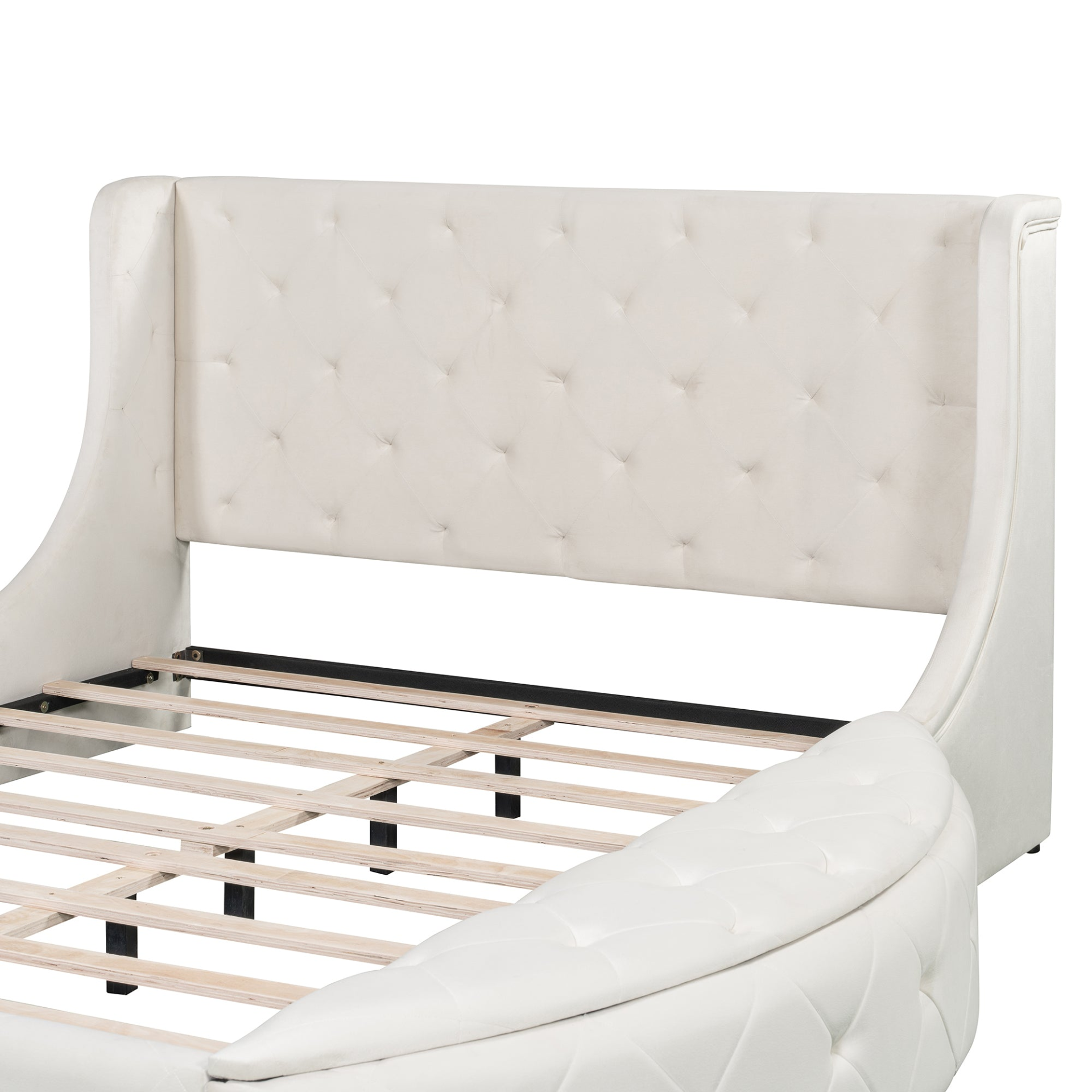 Start2Finish upholstered velvet platform bed with wingback headboard, built-in storage drawer, and side stools in a modern bedroom setting.