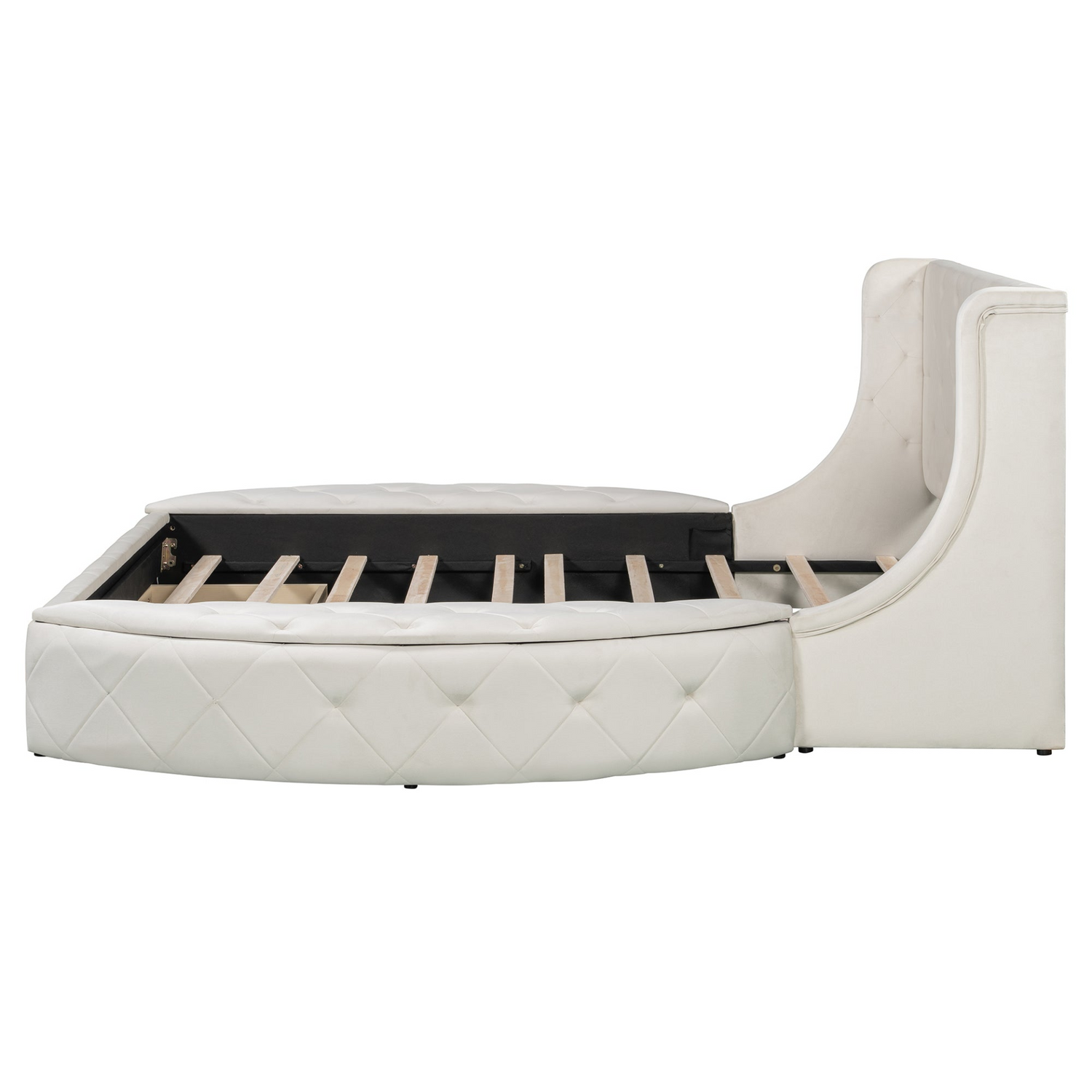 Velvet platform bed with wingback headboard, storage drawers, and side stools in a modern furniture design by Start2Finish.