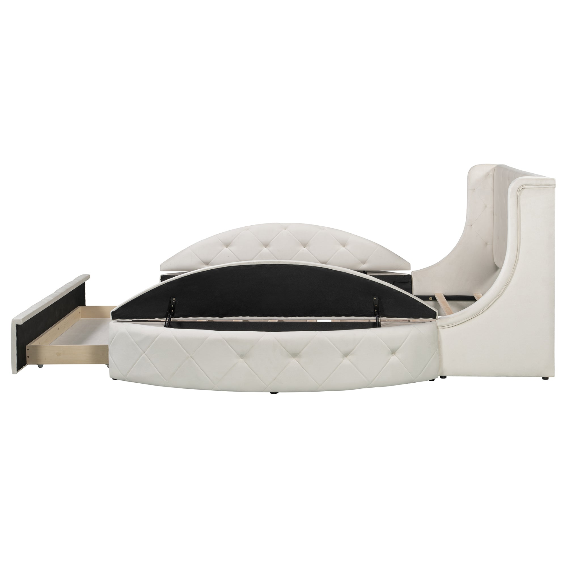 Start2Finish upholstered velvet platform bed with wingback headboard, storage drawer, and side stools in a modern bedroom setting.