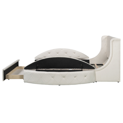 Start2Finish upholstered velvet platform bed with wingback headboard, storage drawer, and side stools in a modern bedroom setting.