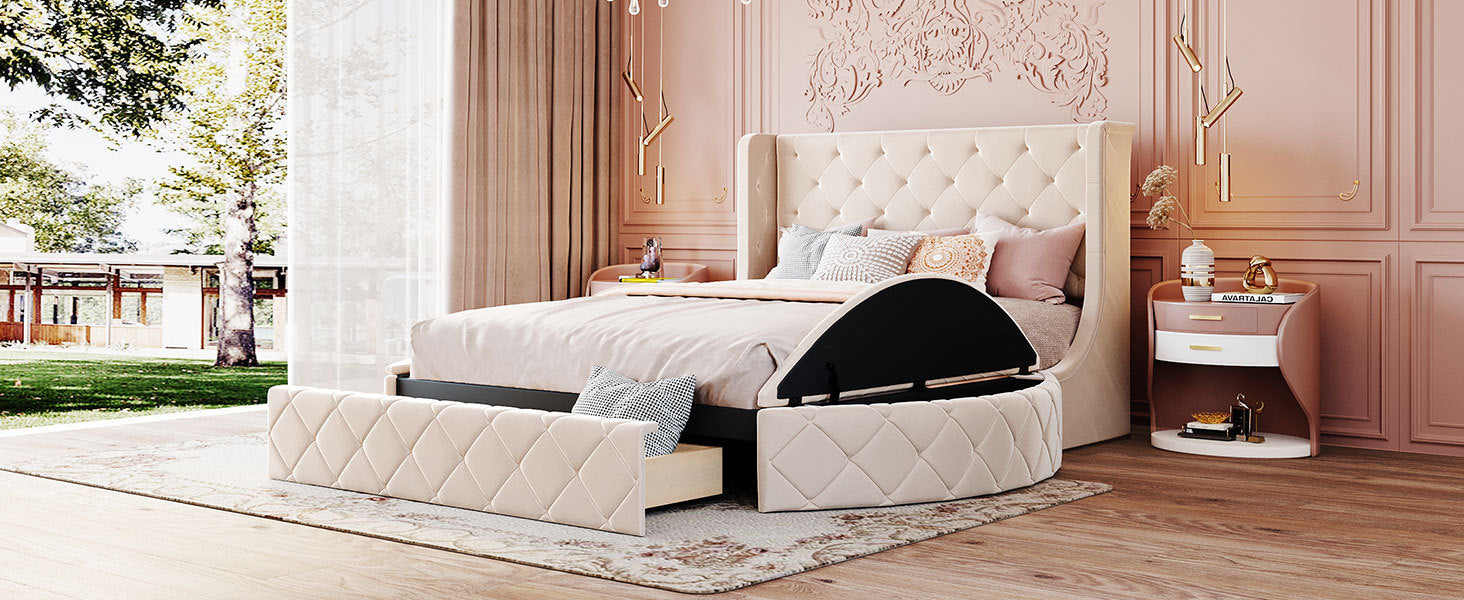 Start2Finish upholstered velvet platform bed with wingback headboard, storage drawer, and side stools in a stylish bedroom setting.