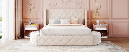 Start2Finish upholstered velvet platform bed with wingback headboard, storage drawer, and side stools, showcasing luxurious furniture design