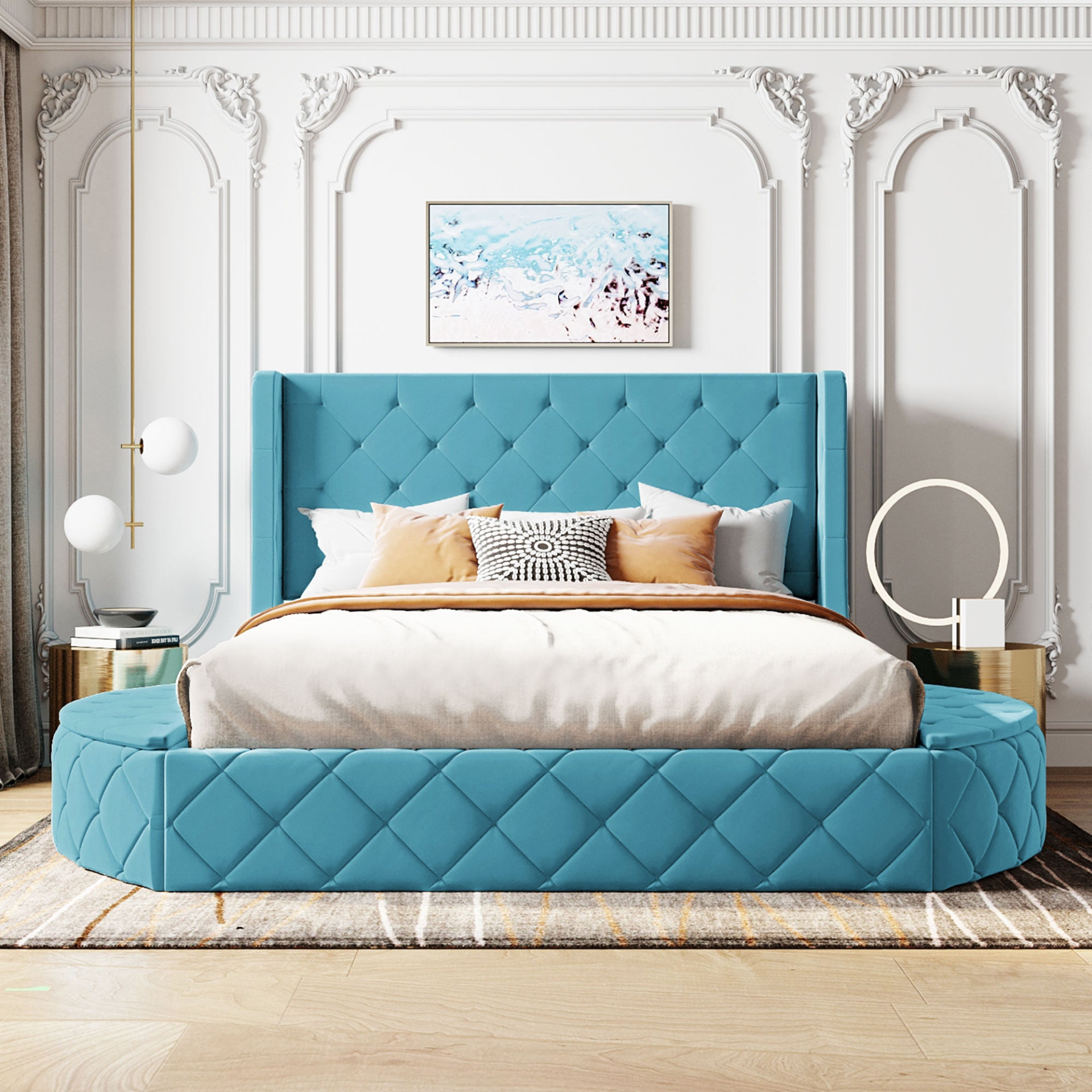 Start2Finish upholstered velvet platform bed with wingback headboard, storage drawer, and side stools in a bedroom setting.
