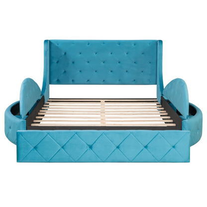 Start2Finish upholstered velvet platform bed with wingback headboard, storage drawer, and side stools in a modern bedroom setting.