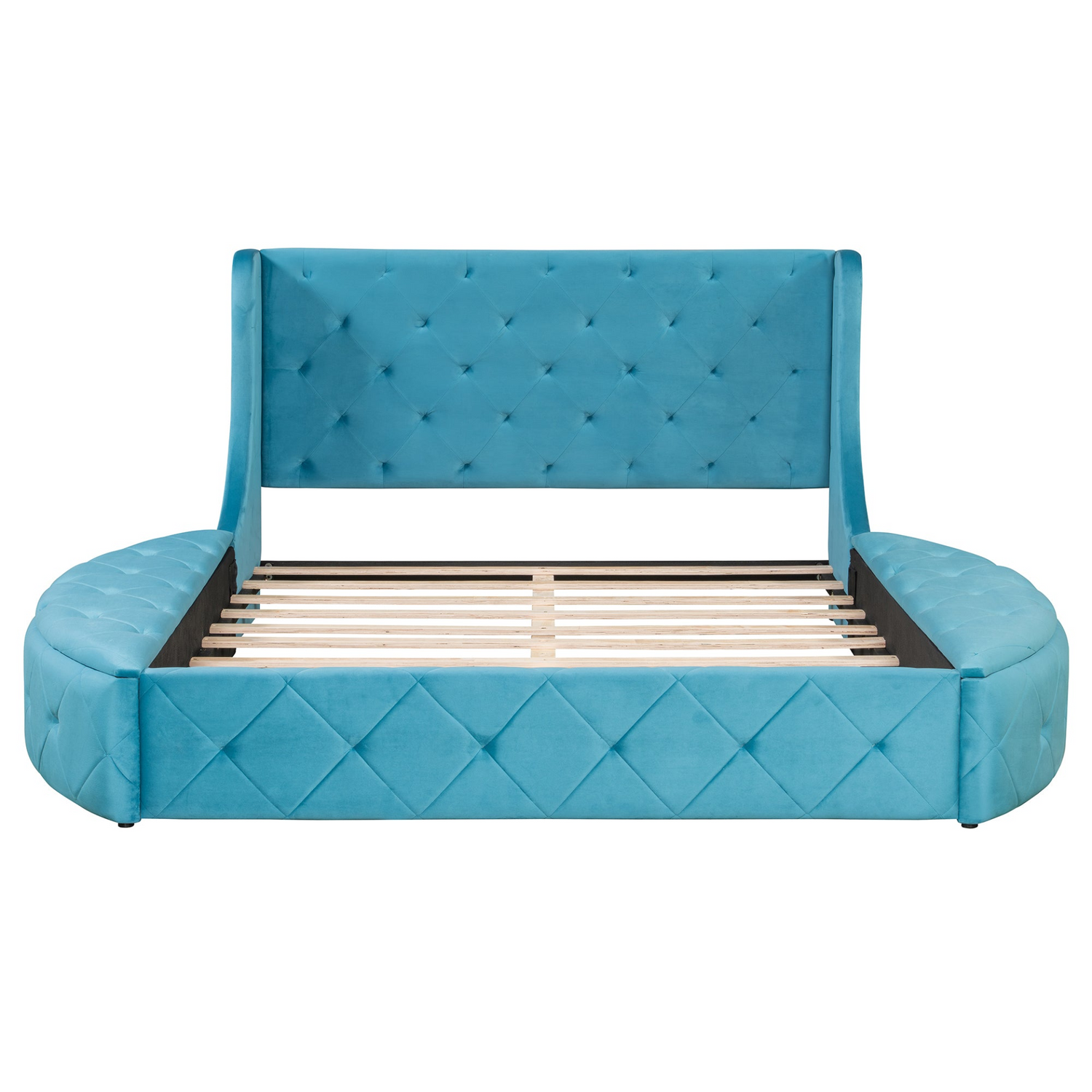 Start2Finish upholstered velvet platform bed with wingback headboard, storage drawer, and side stools, showcasing luxurious fabric and elegant design.