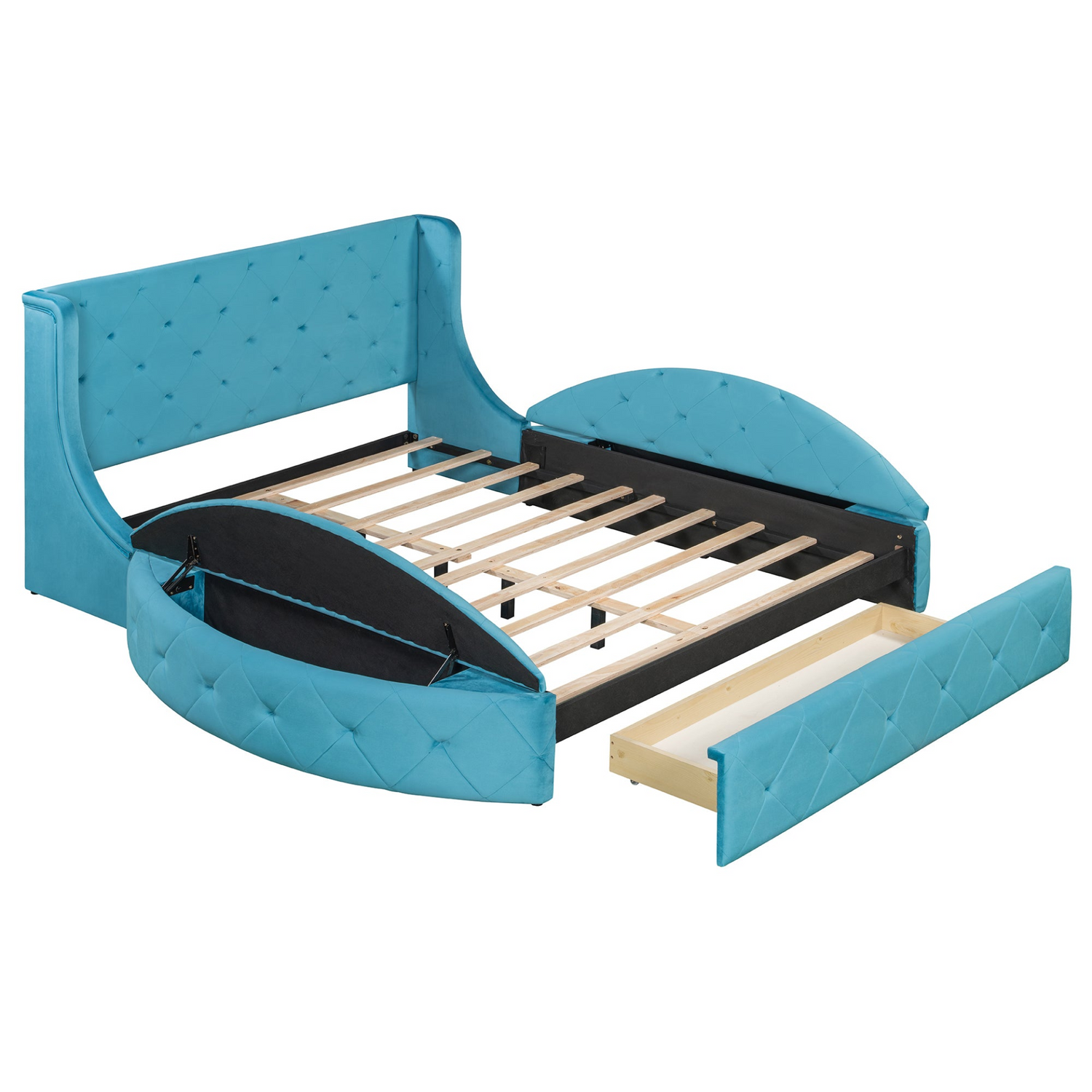 Start2Finish upholstered velvet platform bed with wingback headboard, storage drawers, and matching side stools in a stylish bedroom setup.